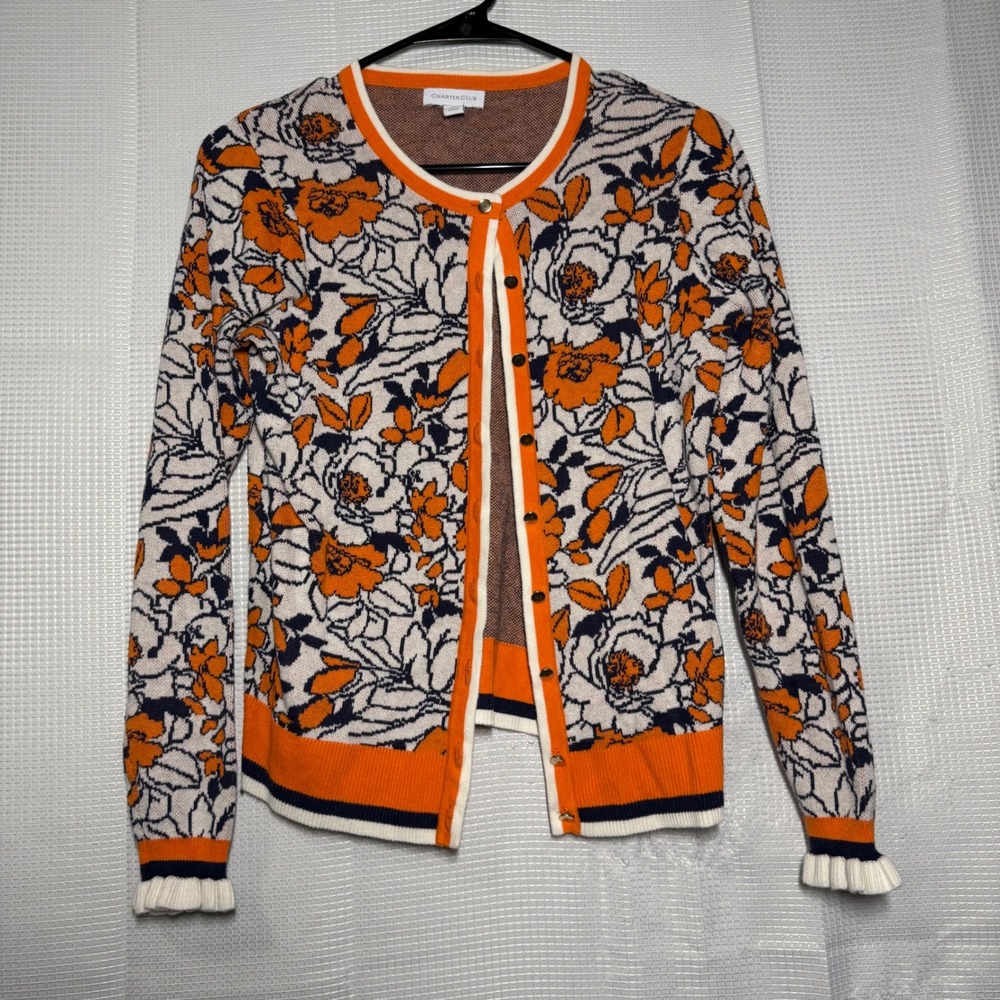 Charter Club Cardigan Sweater Cotton Floral Button Front Preppy Classic XS